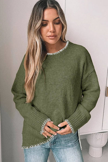 Women's Slit Knitted Sweater - Green