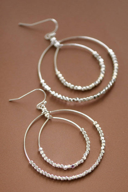 Silver Beaded Double Circle Drop Earrings