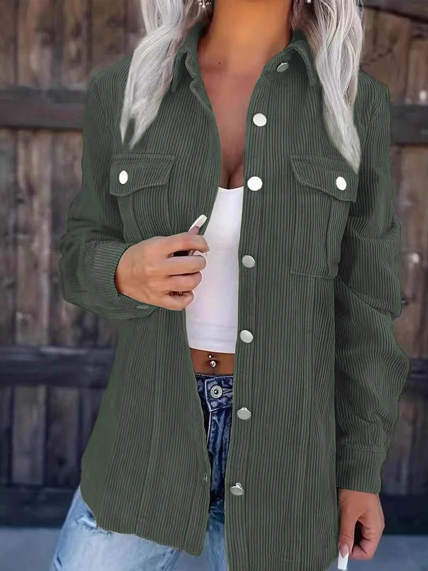 Women's Green Corduroy Lapel Jacket