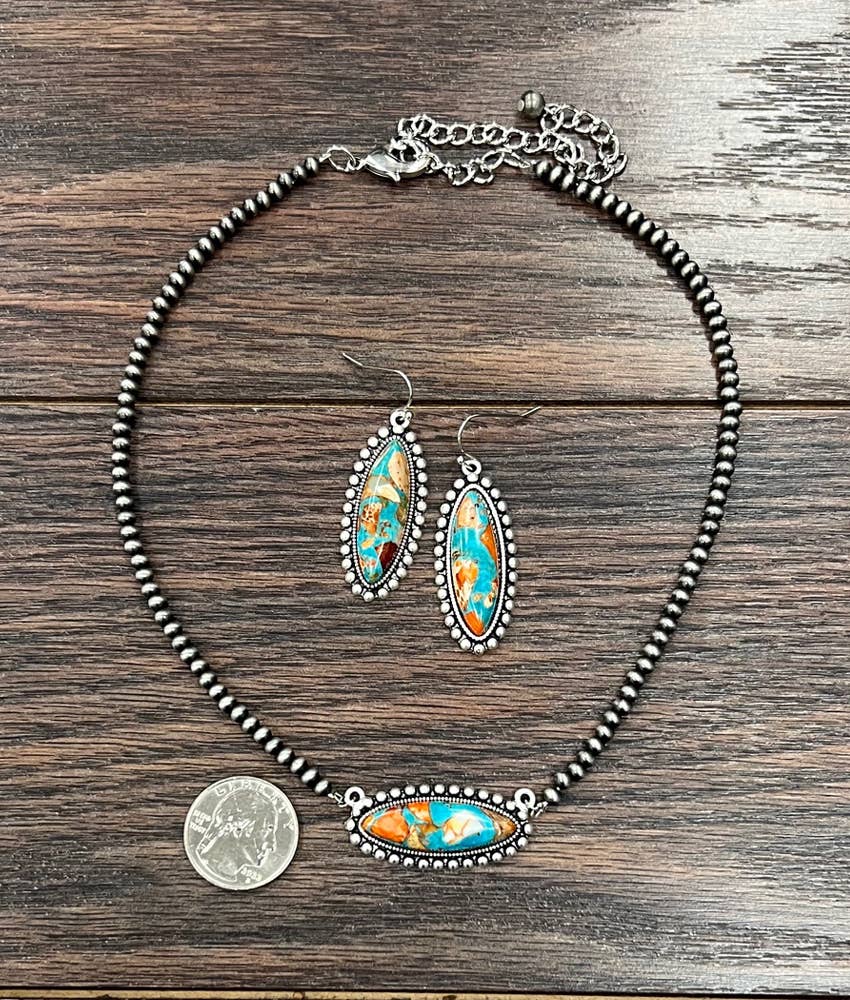 Oval Gemstone Necklace Earrings Set