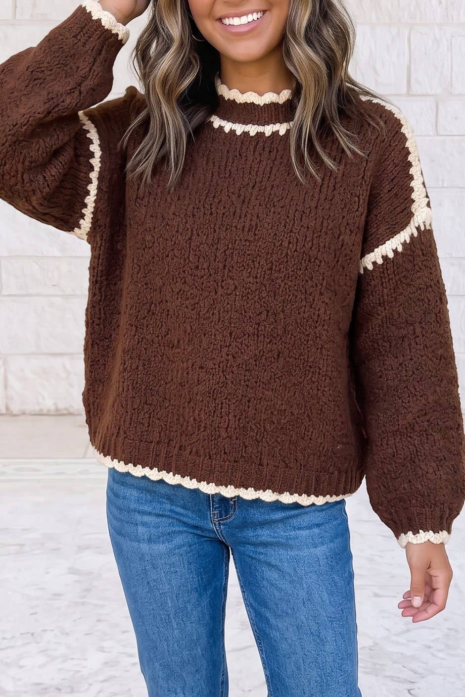 Women's Contrast Trim Mock Neck Sweater - Coffee Brown