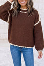 Women's Contrast Trim Mock Neck Sweater - Coffee Brown