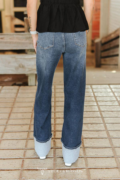 Women's High Rise Contrast Cuff Straight Leg Jeans