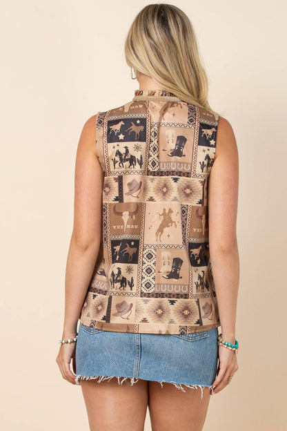 Women's Western Print Ruffled Woven Shirt