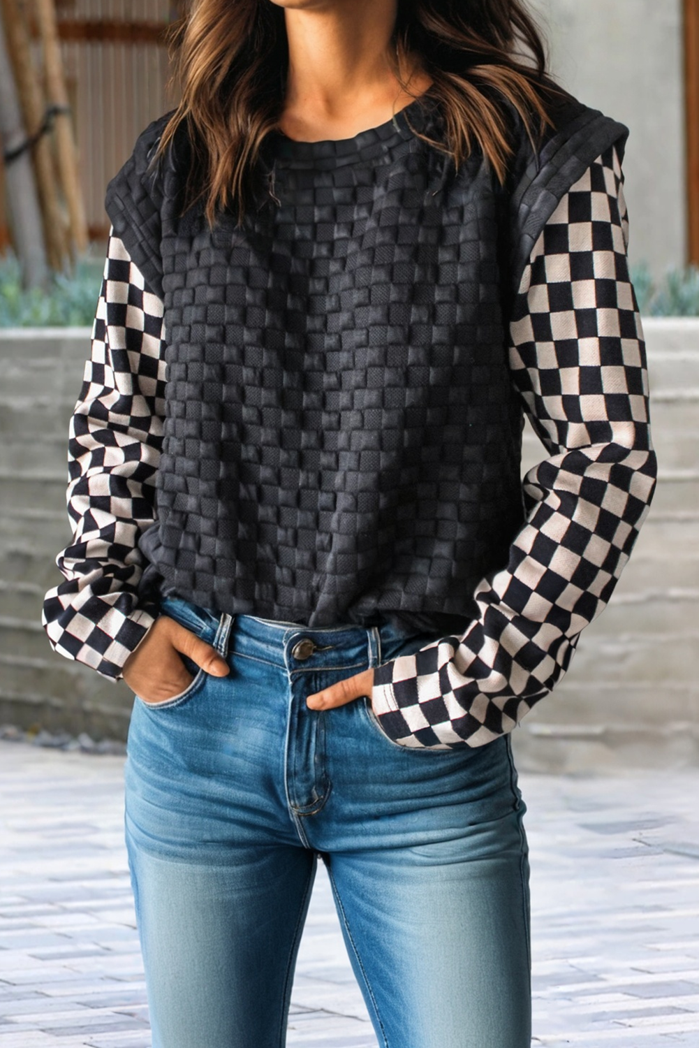Women's Checkered Textured Long Sleeve Top - Black and White