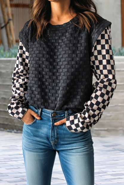 Women's Checkered Textured Long Sleeve Top - Black and White