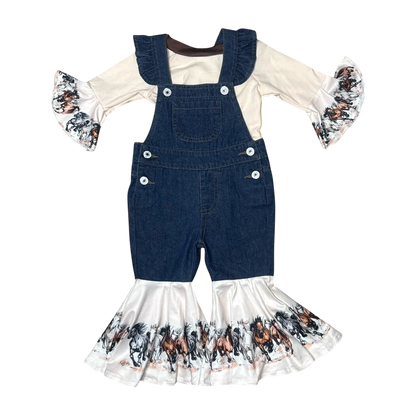 Girl's Shea Baby Running Horses Denim Overalls