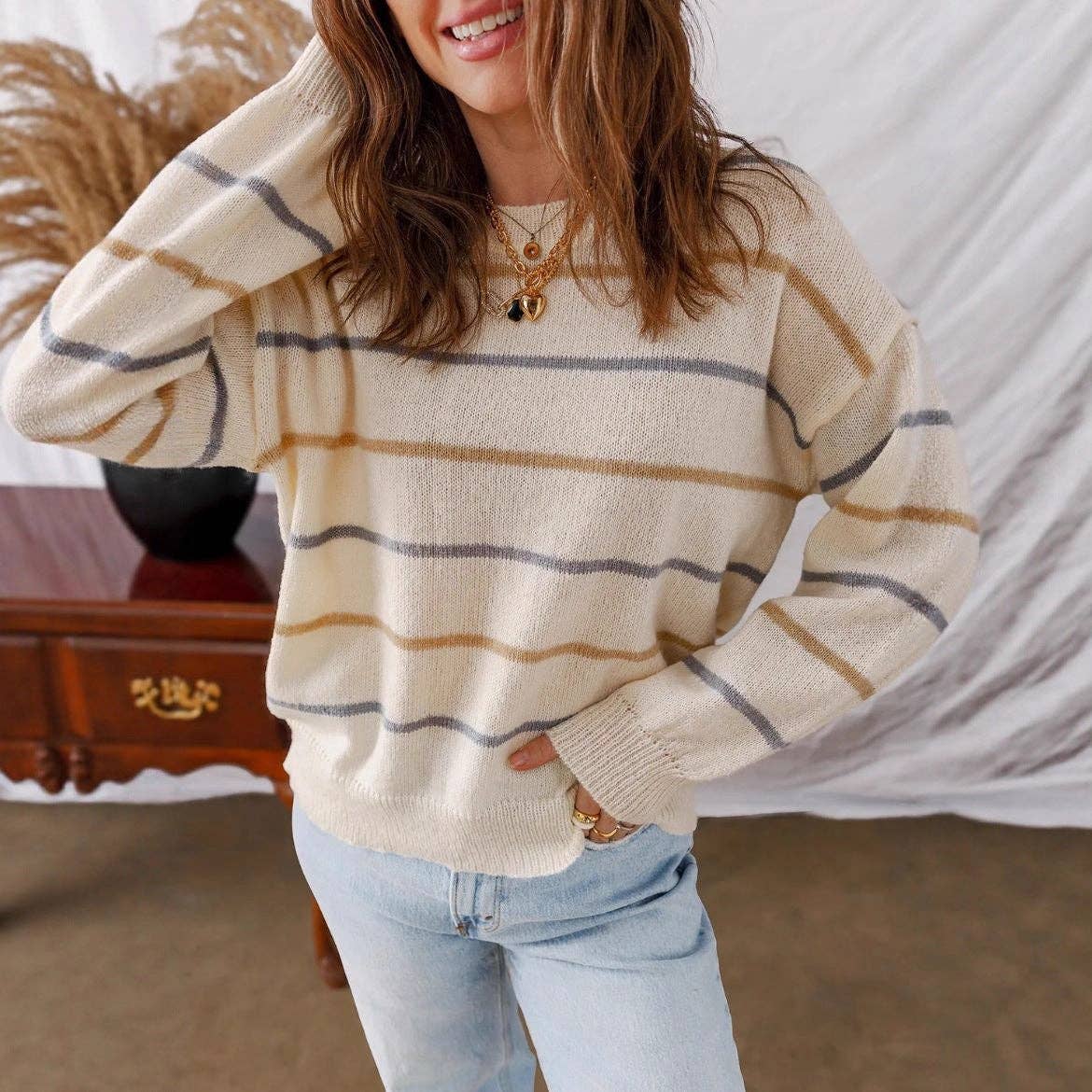 Women's Casual Striped Loose Fit Sweater - Apricot