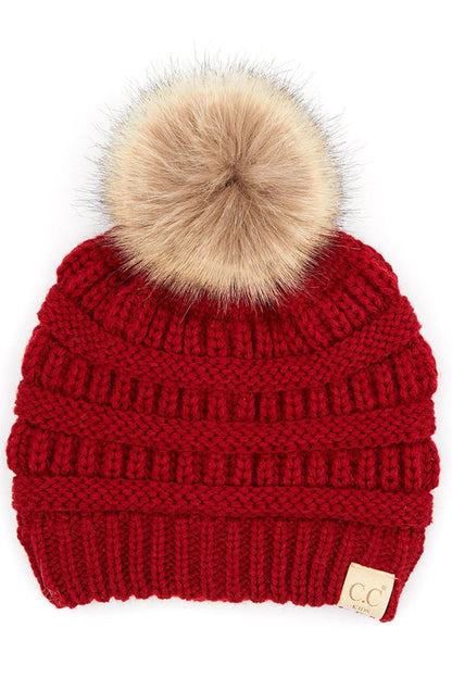 C.C. Kids Solid Ribbed Beanie with Pom