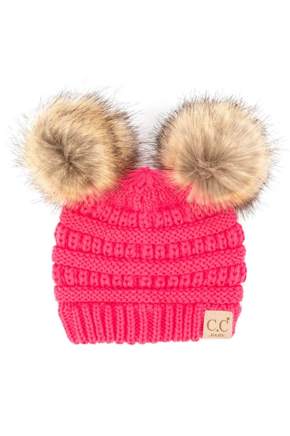C.C. Solid Ribbed Infant Natural Fur Double Pom Pom Beanie