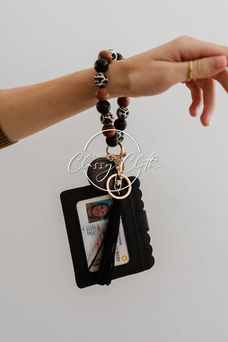 Leopard 'MAMA' Wristlet Wallet Keychain - Black