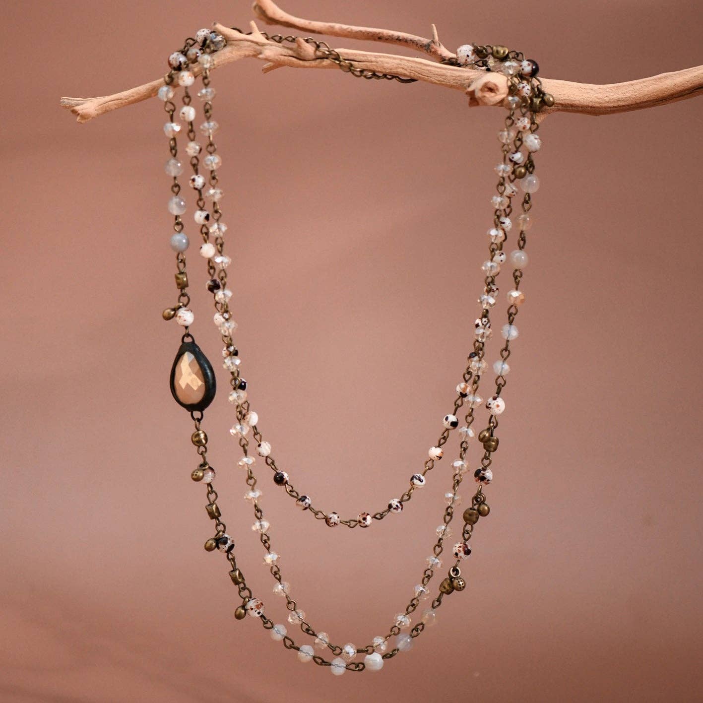 Triple Layered Mixed Glass Bead and Stone Necklace
