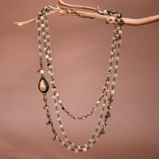 Triple Layered Mixed Glass Bead and Stone Necklace