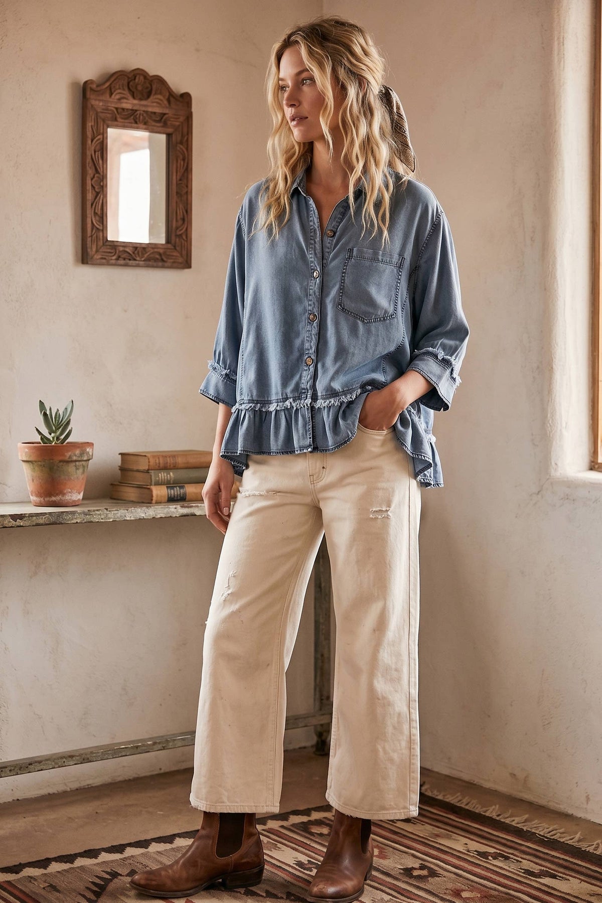 Women's Ruffle Hem Denim Shirt