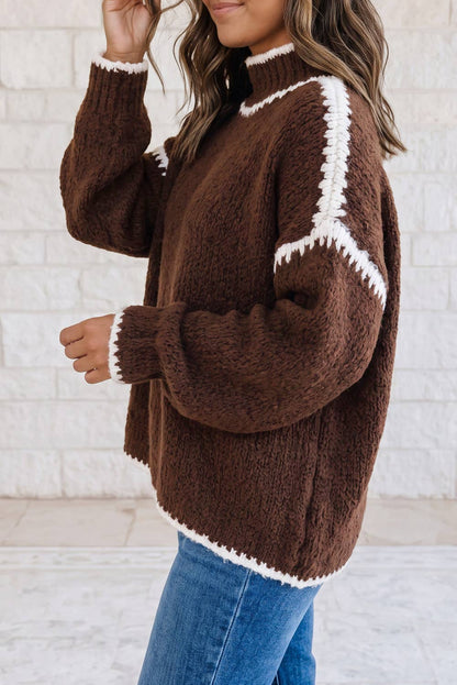 Women's Contrast Trim Mock Neck Sweater - Coffee Brown