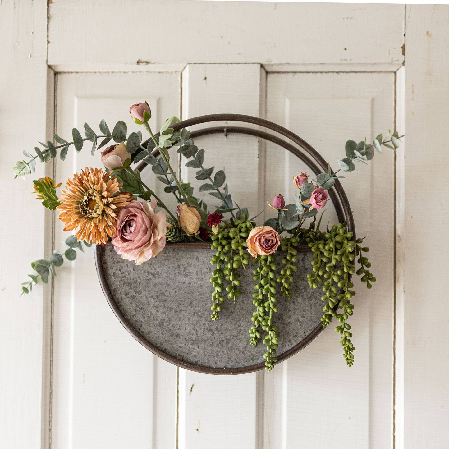 SALE - Rustic Round Farmhouse Galvanized Metal Wall Planter