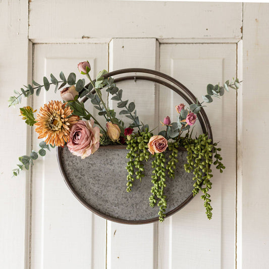 SALE - Rustic Round Farmhouse Galvanized Metal Wall Planter