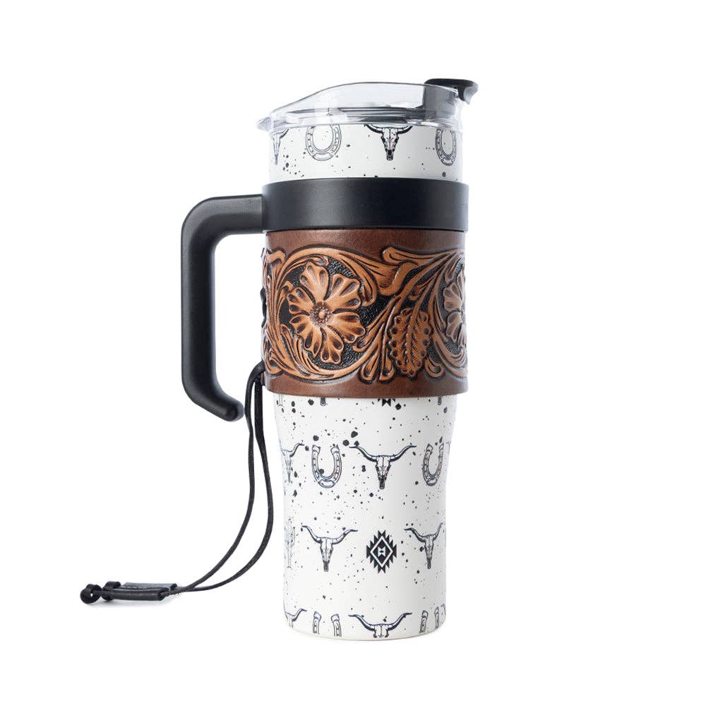 Tooled Western Tumbler in White Stainless Steel