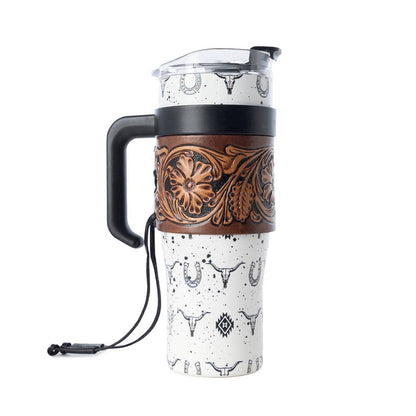 Tooled Western Tumbler in White Stainless Steel
