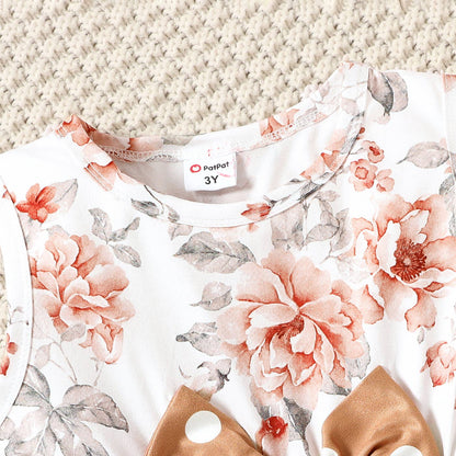 Girl's Floral Bowknot Top Polka Dots Pants Set