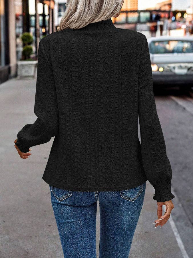 Women's Boho Jacquard Lace Blouse - Black