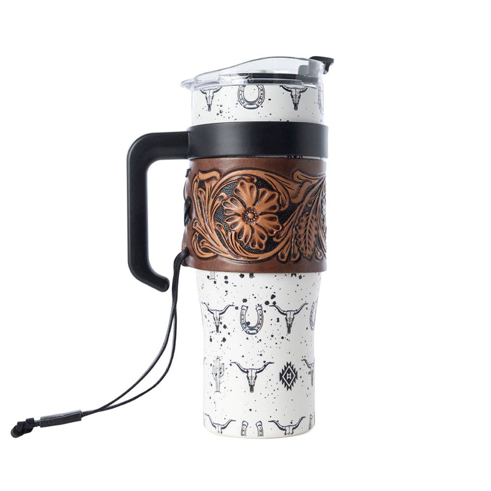 Tooled Western Tumbler in White Stainless Steel