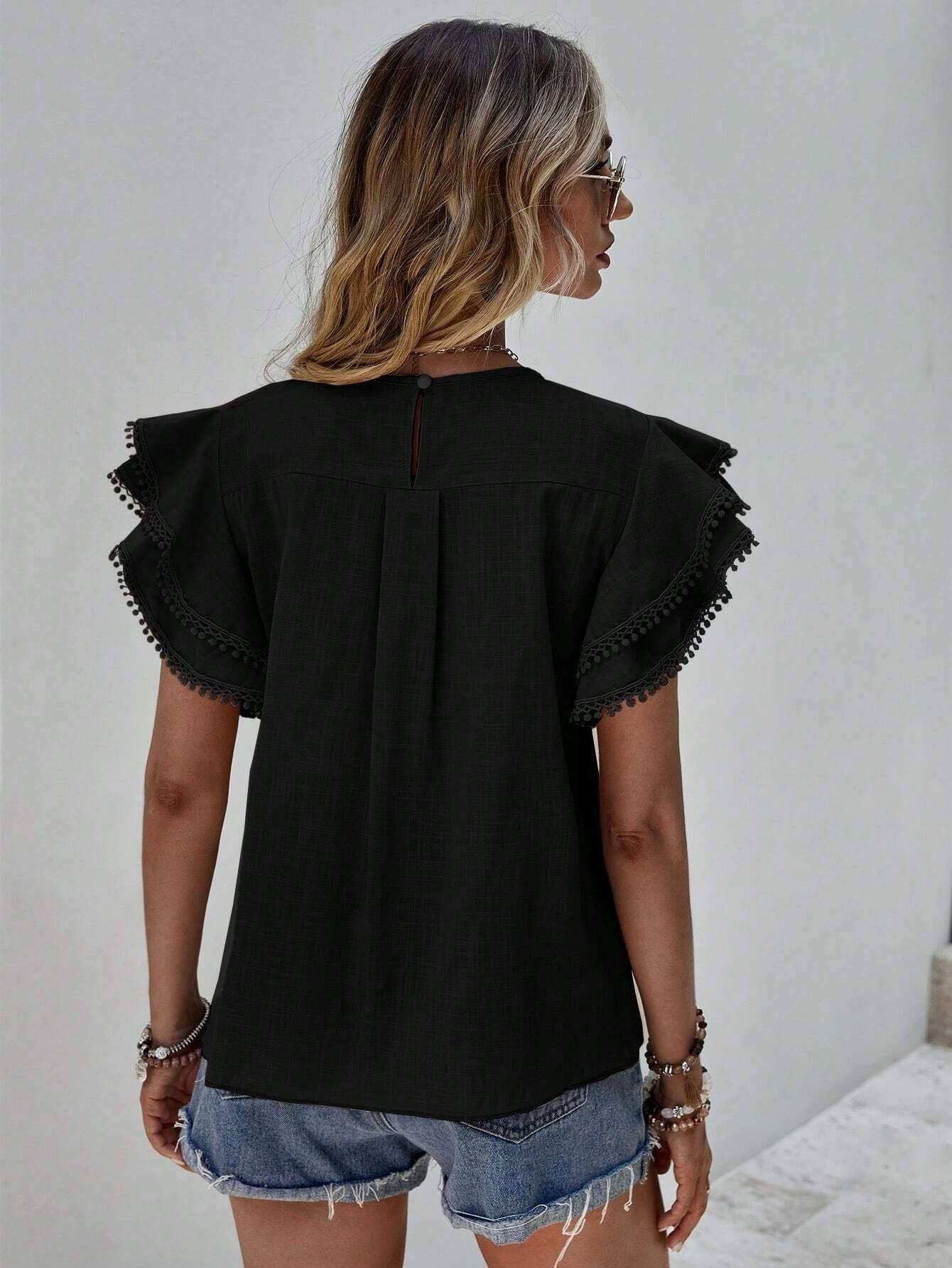 Women's Ruffle Short Sleeve Top - Black