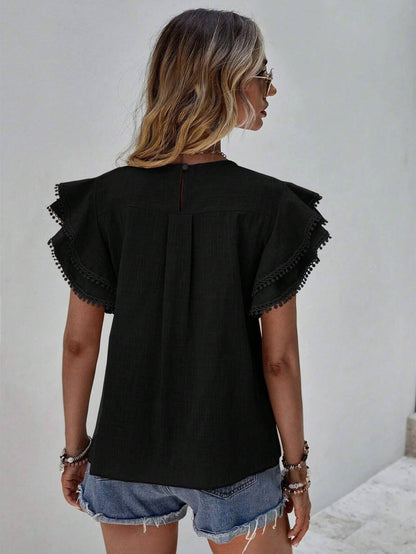 Women's Ruffle Short Sleeve Top - Black