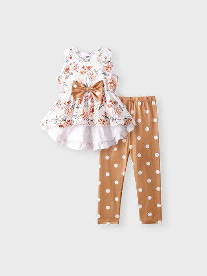 Girl's Floral Bowknot Top Polka Dots Pants Set