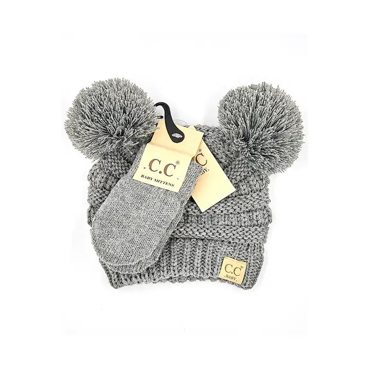 C.C. Baby Solid Ribbed Pom Beanie and Mitten Glove