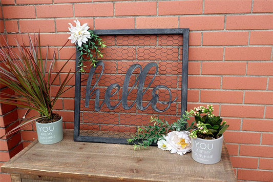 'Hello' Script Metal Chicken Wire Sign
