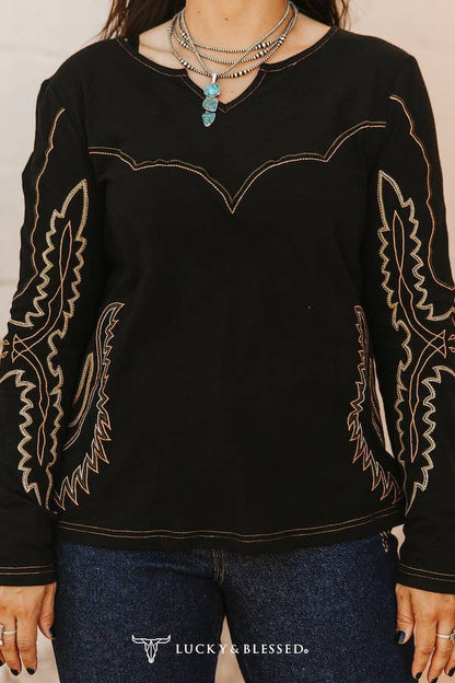 Women's Boot Stitch Contrast Long Sleeve - Black