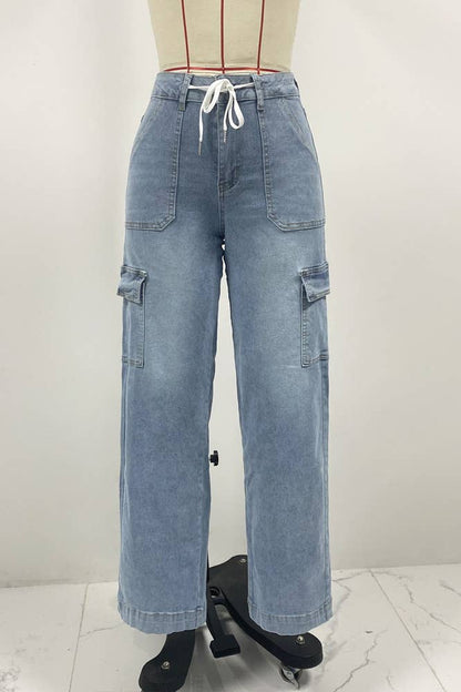 Women's Blue Pockets Straight Denim Jeans