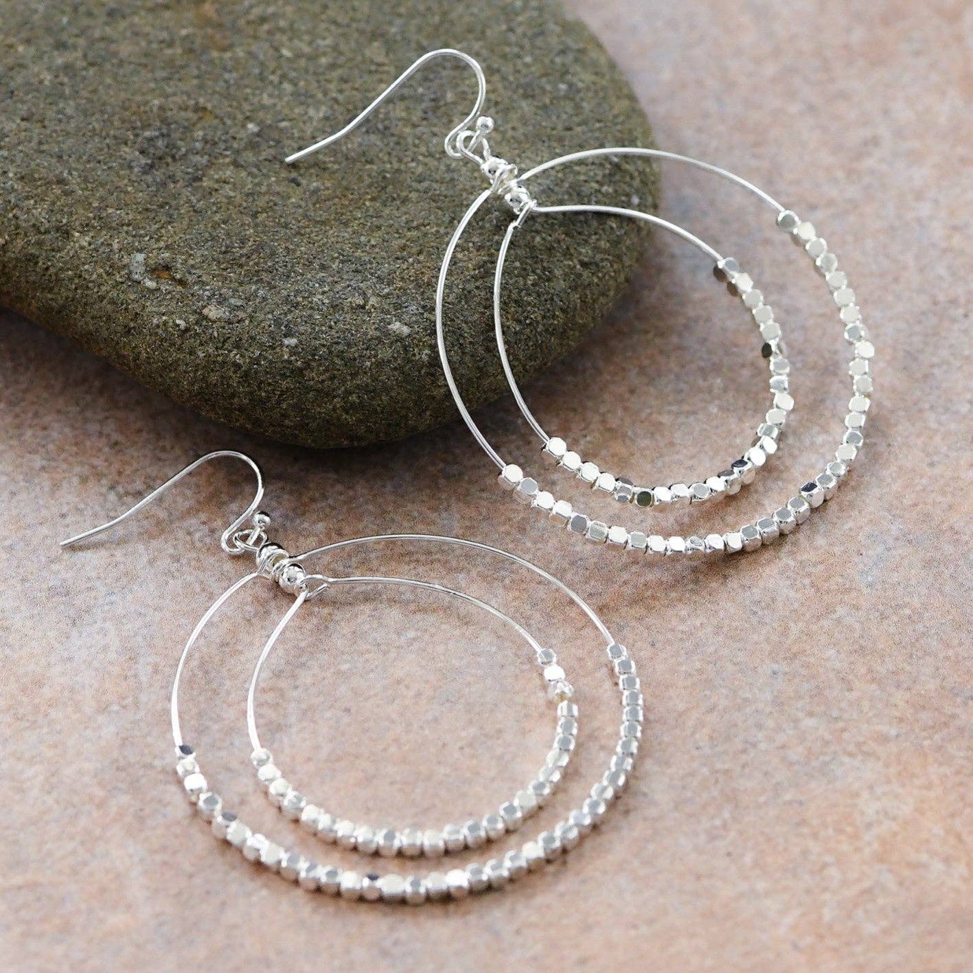 Silver Beaded Double Circle Drop Earrings