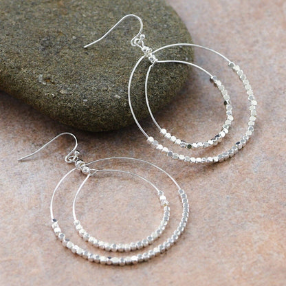 Silver Beaded Double Circle Drop Earrings