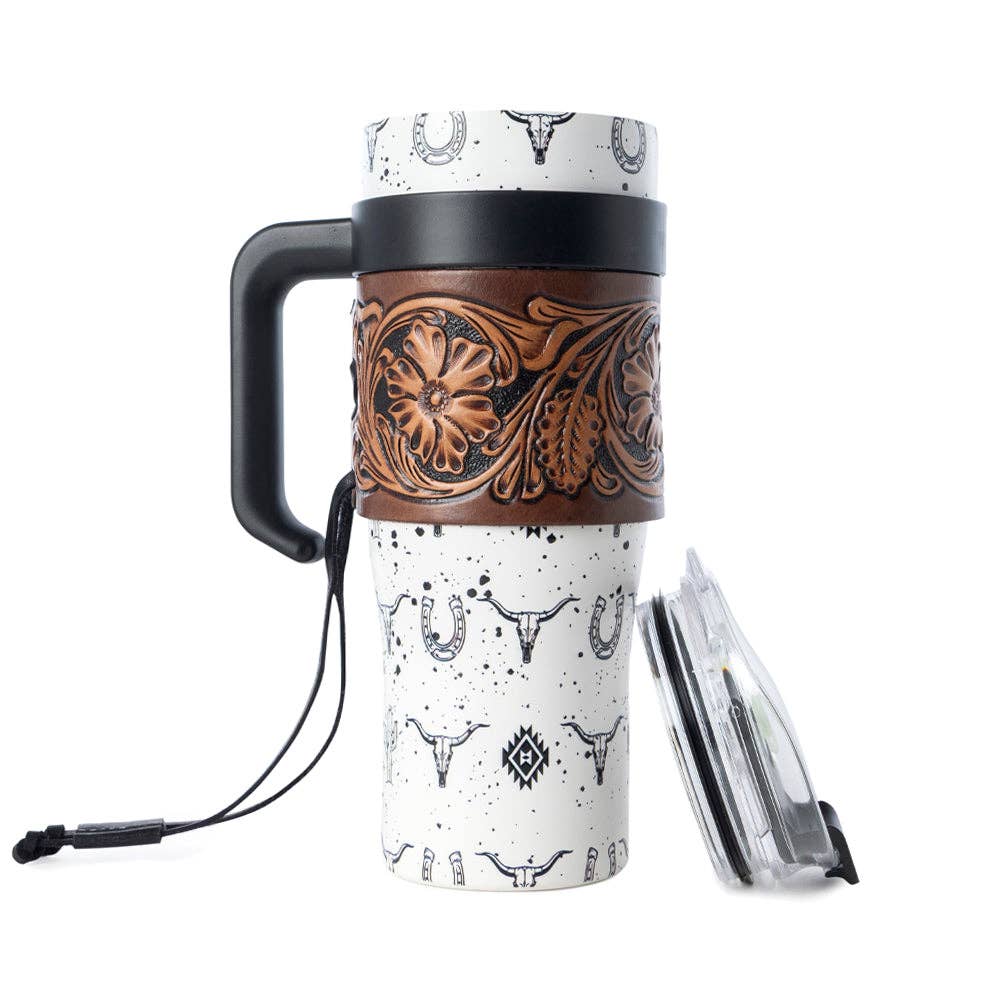 Tooled Western Tumbler in White Stainless Steel