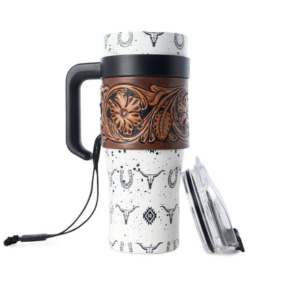 Tooled Western Tumbler in White Stainless Steel