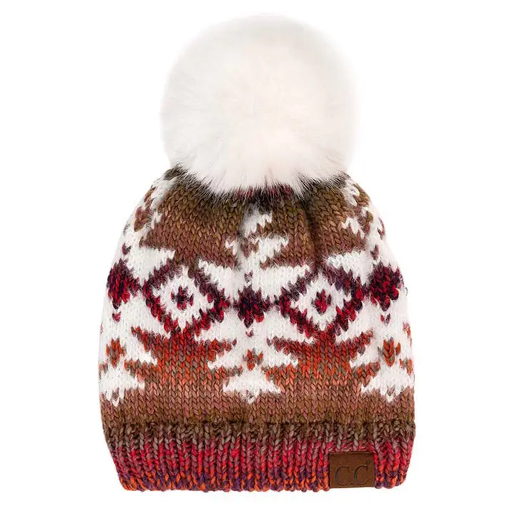 C.C. Multi Yarn Aztec Pattern Pom Beanie Winter Hat