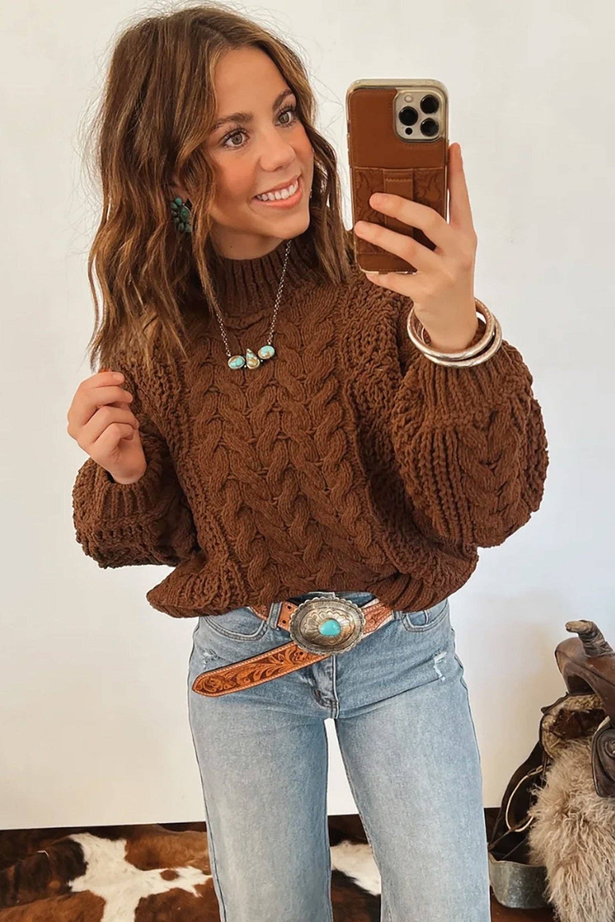 Women's Cable Knit High Neck Sweater - Coffee