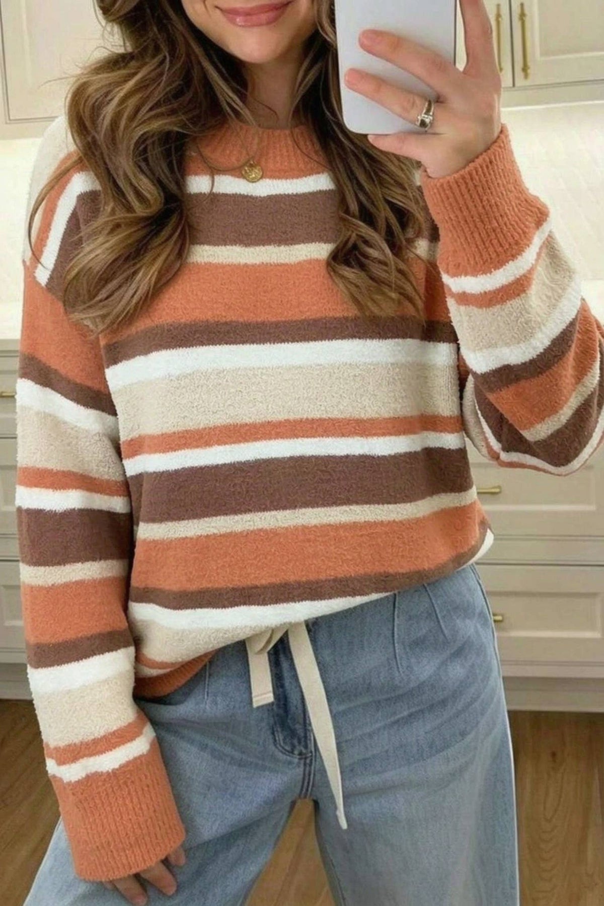 Women's Color Block Stripe Crewneck Sweater - Orange and Tan