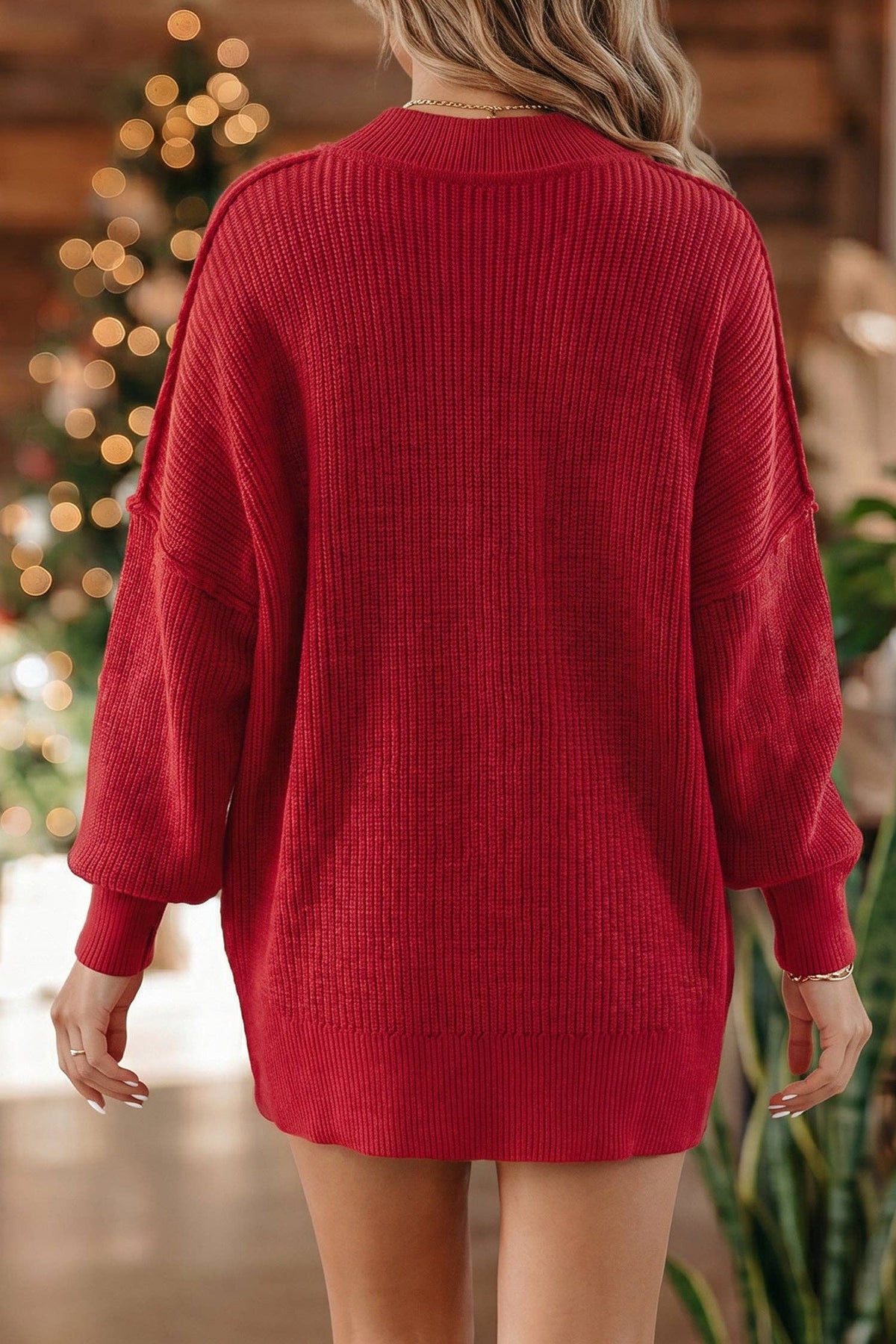 Women's Mock Neck Oversized Sweater - Red Dahlia