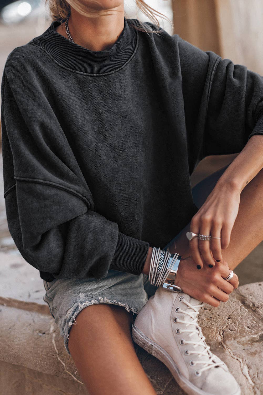 Women's Acid Washed Crewneck Sweatshirt - Black