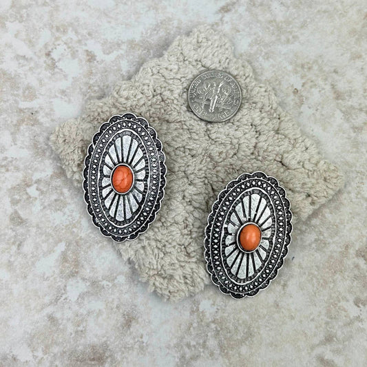 Orange Stone Oval Concho Earrings