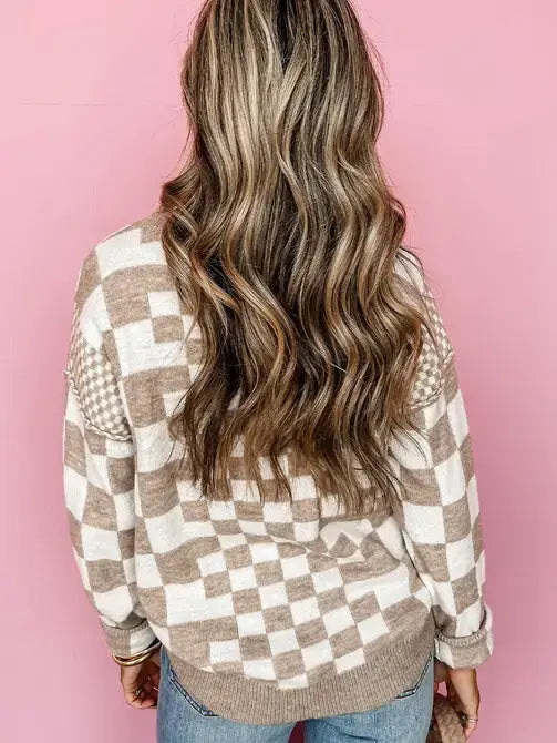 Women's Checkered Sweater - Khaki