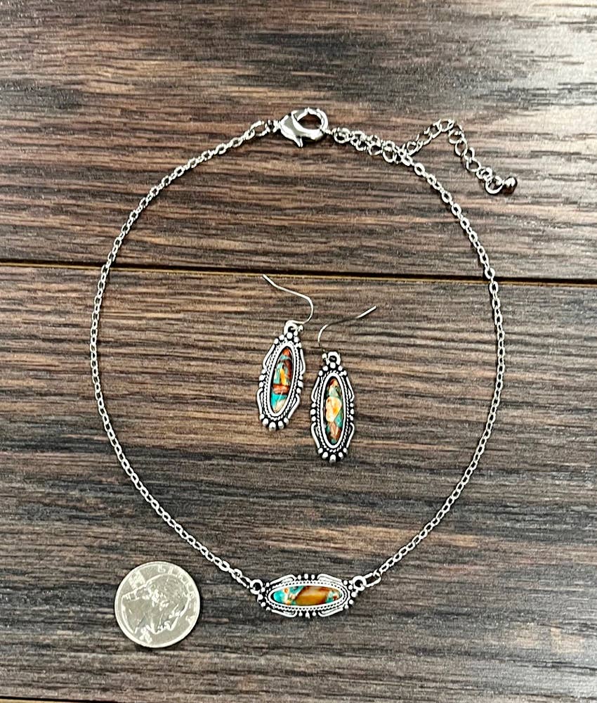 Western Oval Gemstone Necklace Earrings Set