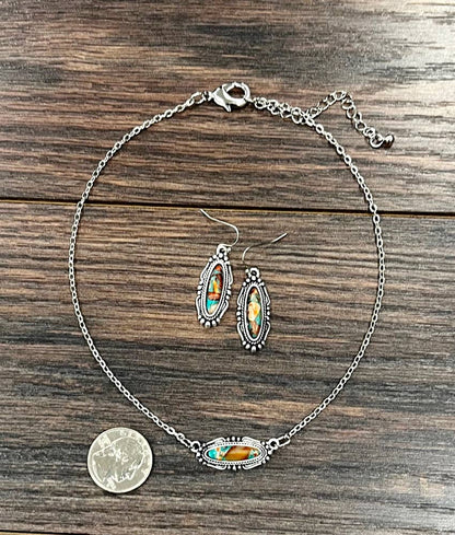 Western Oval Gemstone Necklace Earrings Set