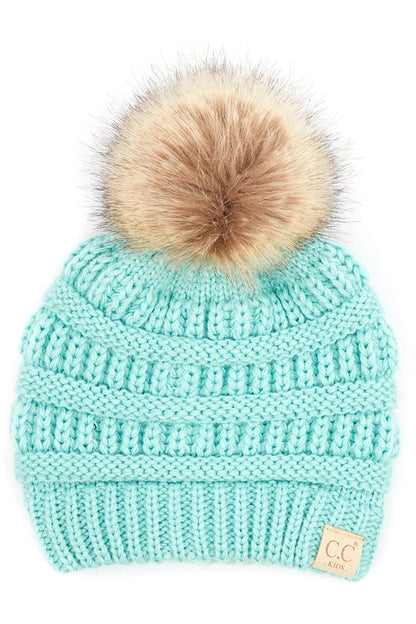 C.C. Kids Solid Ribbed Beanie with Pom