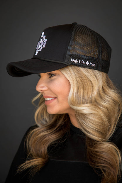 Black Trucker Cap with White Embroidered Aztec Symbol