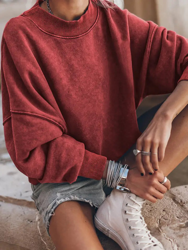 Women's Acid Washed Crewneck Sweatshirt - Red