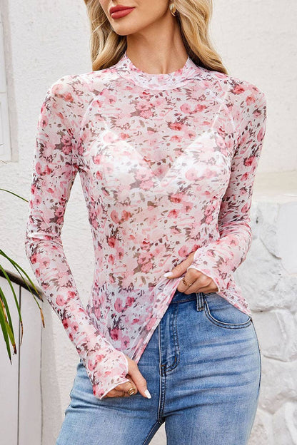 Women's Floral Mesh Top - Pink